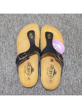 Plakton Women's Black Leather Cork Sole Sandals Size 7 EU 38 With Adjustable Str